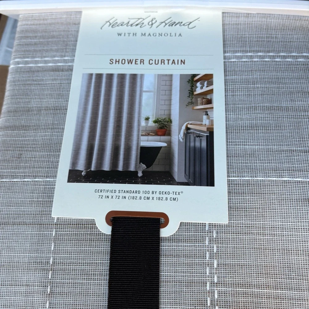 HEARTH & HAND NWT grid lines shower curtain -brown/sour cream